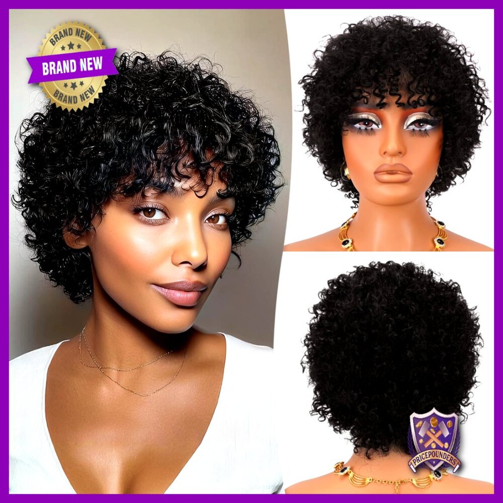 Short Curly Human Hair Wig Glueless Bob With Bangs Wear Go Styling